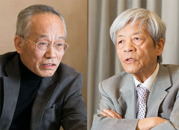 ジャーナリスト　田原総一朗（たはら・そういちろう、右）：１９３４年生まれ。主にテレビ朝日系「朝まで生テレビ！」の討論司会として西部氏とかかわった／評論家　佐高信（さたか・まこと、左）：１９４５年生まれ。2009年から12年まで朝日ニュースターで放送された「西部邁・佐高信の学問のすゝめ」で西部氏と対談（撮影／品田裕美）