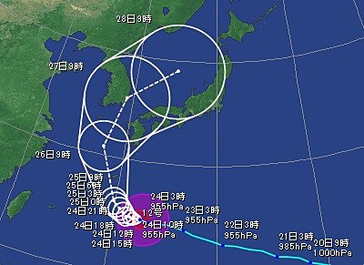 台風の予想進路（24日13時現在）