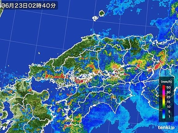 中国地方の午前2時40分の雨雲の様子