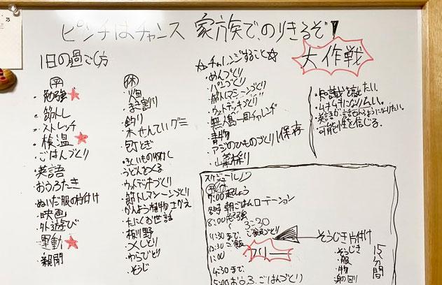 佐藤陽平さんが「緊急家族会議」で使ったホワイトボード。どう過ごすかのアイデアを見える化した（写真：佐藤陽平さん提供）