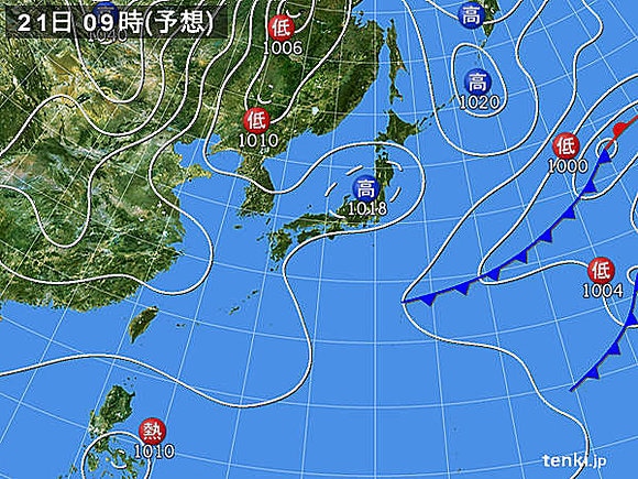 ２１日（土）午前９時の予想天気図