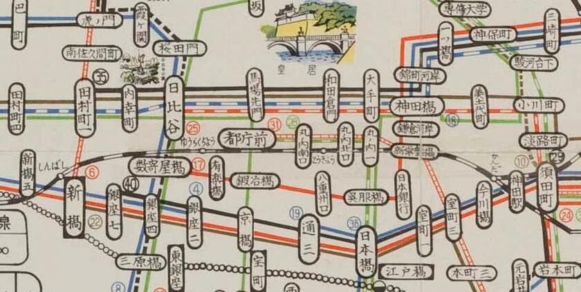 昭和４０年の路線図。丸の内界隈（資料提供／東京都交通局）