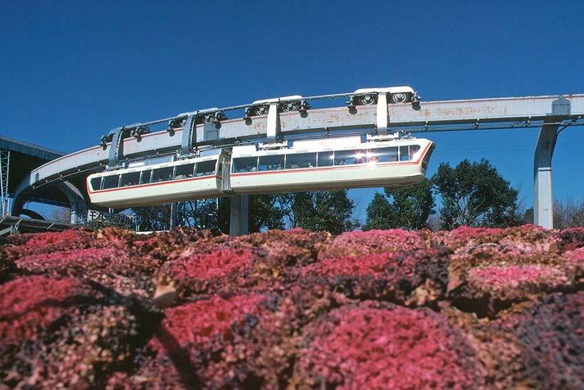 上野動物園内を走る上野懸垂線のモノレール車両。写真は二代目のM型で、1967年から1984年まで使用された。上野動物園不忍池分園（撮影／諸河久：1982年1月28日）
