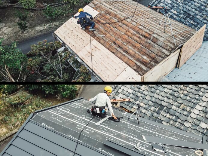 画像上：瓦を取りのぞき下地を補強のDIY・写真下：軽いガルバリウム鋼板で屋根材を葺き替えのDIY