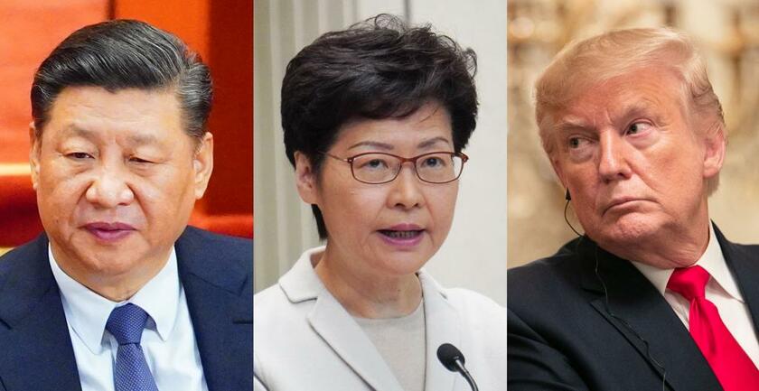 トランプ米大統領（右）の「香港人権・民主主義法案」への署名は中国側の怒りを買った。中国の習近平国家主席（左）と香港の林鄭月娥行政長官の動きに注目が集まる　（ｃ）朝日新聞社
