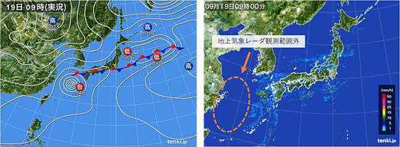 （左）図２　地上天気図2016年9月19日9時　（右）図３　地上レーダ画像2016年9月19日9時
