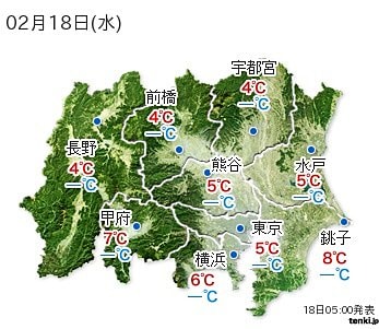 関東の予想最高気温（18日）