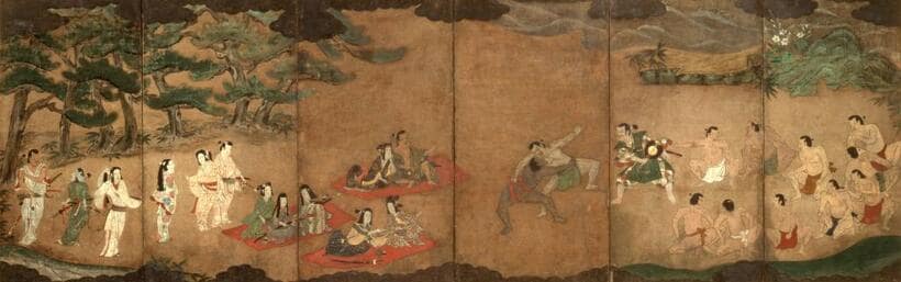 「相撲遊楽図屏風」（堺市博物館蔵）。諸説あるが、中央やや右で行司の役をするのが織田信長で、その左で相撲を取る褐色の肌の人物を弥助とする研究者もいる
