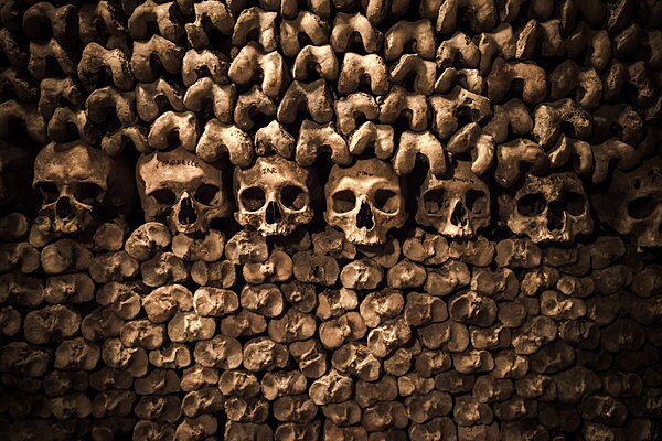 遺骨が整然と並ぶ、パリのカタコンベ（地下墓地、納骨堂）