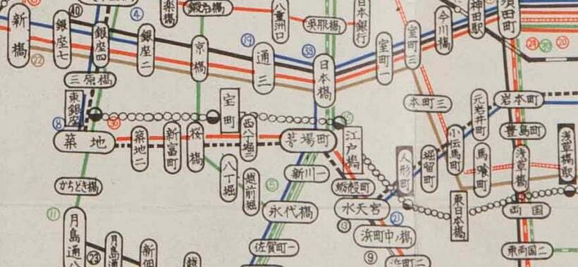 昭和３８年２月の路線図。築地界隈（資料提供／東京都交通局）