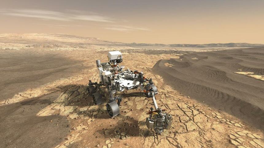 火星の地表を走るアメリカの探査機「パーサビアランス」の想像図。日本時間2月19日に火星に着陸し、探査を行っている（画像提供・NASA／JPL－Caltech）