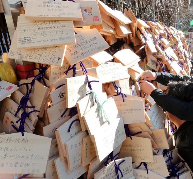 学問の神様で知られる東京都文京区の湯島神社には毎年、合格祈願の絵馬が多数結び付けられている　（ｃ）朝日新聞社