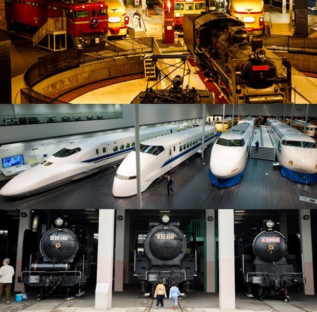 上から、鉄道博物館、リニア・鉄道館、京都鉄道博物館。本州のＪＲ3社が手がける、鉄道博物館。ワクワクする世界が広がる