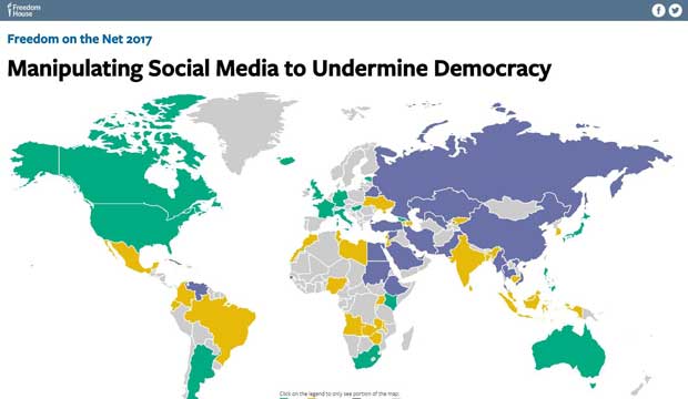 世界各国のインターネットの自由度に関する調査報告書を公表している国際人権監視NGO「フリーダムハウス」のホームページ