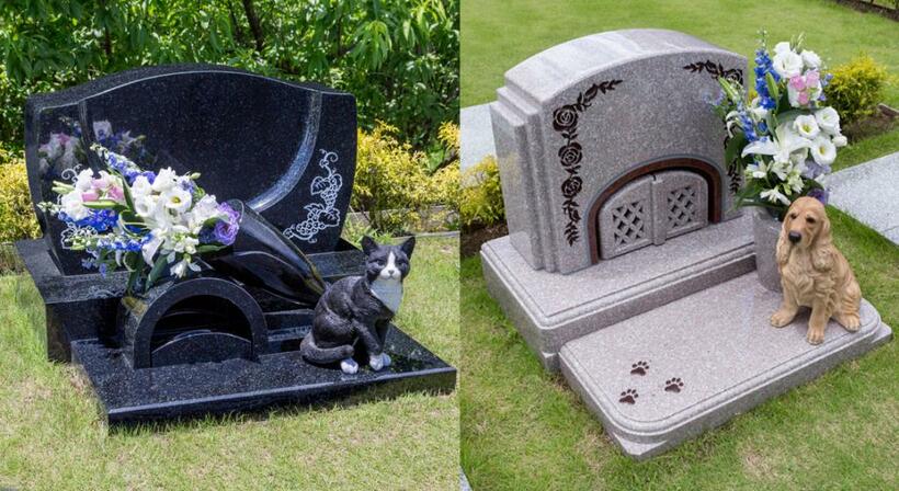 ペットと飼い主が一緒に入れる墓。犬や猫の姿をあしらった石像が置かれている＝メモリアルアートの大野屋提供