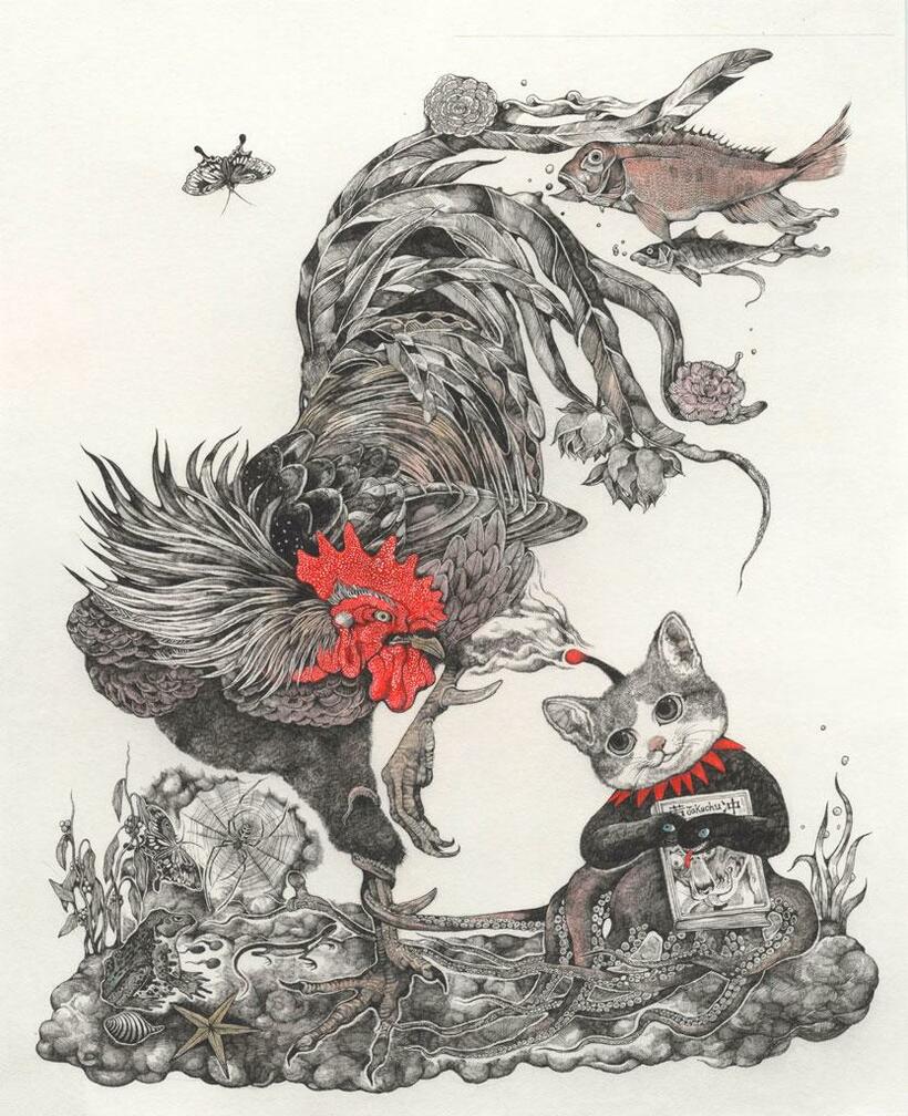 「ギュスターヴ若冲雄鶏図」　２０１６年／猫の顔とヘビの腕、タコの足を持つギュスターヴくんと江戸時代の画家・伊藤若冲の代表的なモチーフである鶏を描いた作品　（ｃ）Ｙｕｋｏ　Ｈｉｇｕｃｈｉ