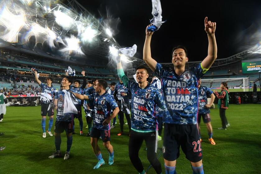 ３月２４日、シドニーで行われたアジア最終予選９戦目。オーストラリア代表に勝利しＷ杯本大会出場を決めた日本代表の選手たち