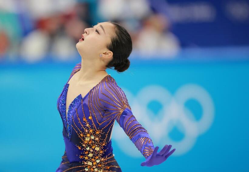 団体戦最終種目の女子フリーで演技をする坂本花織。ノーミスの演技で148.66点を出し、2位に入った