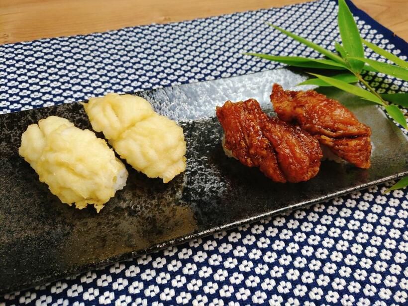 鱧は揚げるとふわふわに。天ぷらと蒲揚げ、２種のお寿司（筆者提供）