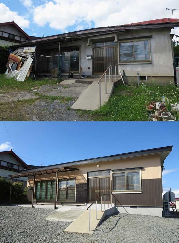 住宅を販売用にリフォームした事例。古く傷んだ住宅（上）が改修で市場価値が高まった（下）＝カチタス提供