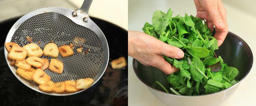 【ワンポイントアドバイス】ニンニクのフライは余熱で焦げやすいので、低温で軽く揚げるようにする。（左）　繊細なグリーン野菜は空気を含ませるように手で調味料と混ぜ合わせる。　（撮影／写真部・松永卓也）