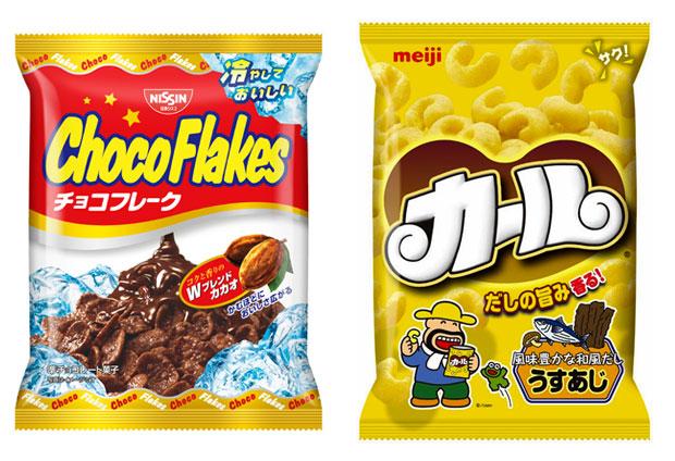 平成時代を生き抜いたチョコフレーク（日清シスコ社提供）、カール（明治提供）