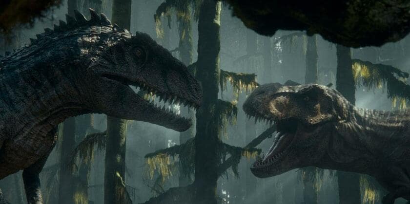 ギガノトサウルスとティラノサウルス(c)2022 Universal Studios and Amblin Entertainment. All Rights Reserved.