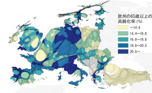 地域差が歴然　老いる欧州／６５歳以上の住民が占める割合を地域ごとに色分けした地図と、地域の人口に比例して面積を隆起させた地図を重ね合わせた。ドイツやイタリアで高齢化が目立つ（地図提供：Ｂｅｎｊａｍｉｎ　Ｈｅｎｎｉｎｇ　http://www.viewsoftheworld.net/）