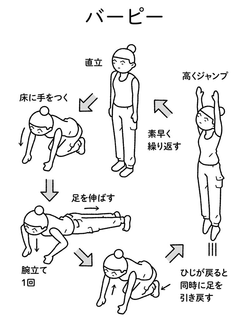 自宅で効率的にエネルギーを燃焼させるバーピー。自衛隊でもよく行われる（イラスト／北谷彩夏）