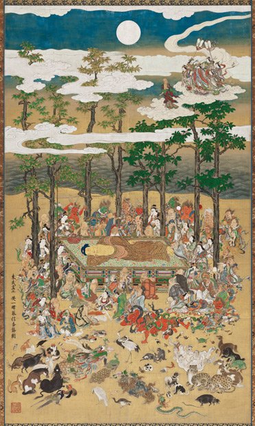 英一蝶《涅槃図》Ｈａｎａｂｕｓａ　Ｉｔｃｈｏ　Ｔｈｅ　Ｄｅａｔｈ　ｏｆ　ｔｈｅ　Ｈｉｓｔｏｒｉｃａｌ　Ｂｕｄｄｈａ　江戸時代、１７１３年（正徳３年）２８６・８ｃｍ×１６８・５ｃｍ　一幅、紙本着色 Ｆｅｎｏｌｌｏｓａ－Ｗｅｌｄ　Ｃｏｌｌｅｃｔｉｏｎ，　１１．４２２１