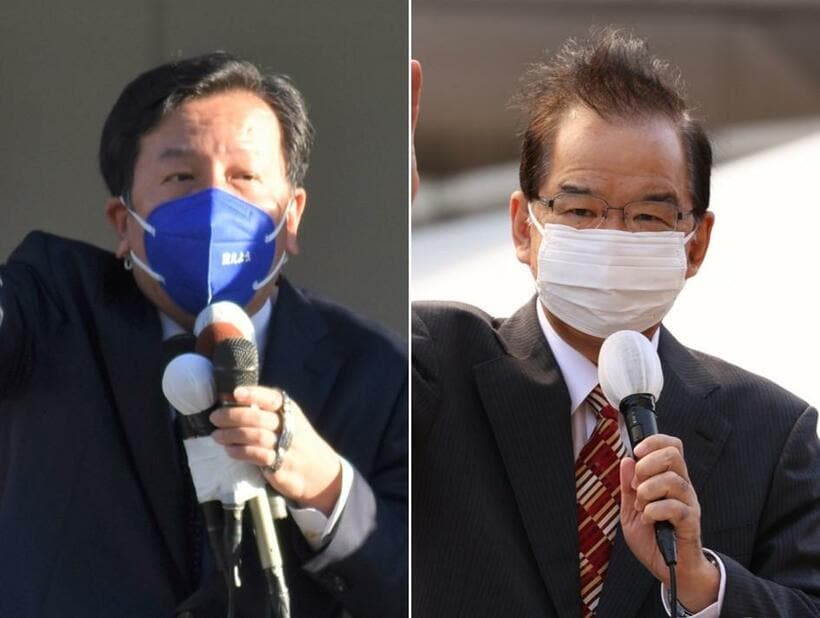 立憲民主党代表の枝野幸男氏（左）と日本共産党委員長の志位和夫氏（C)朝日新聞社