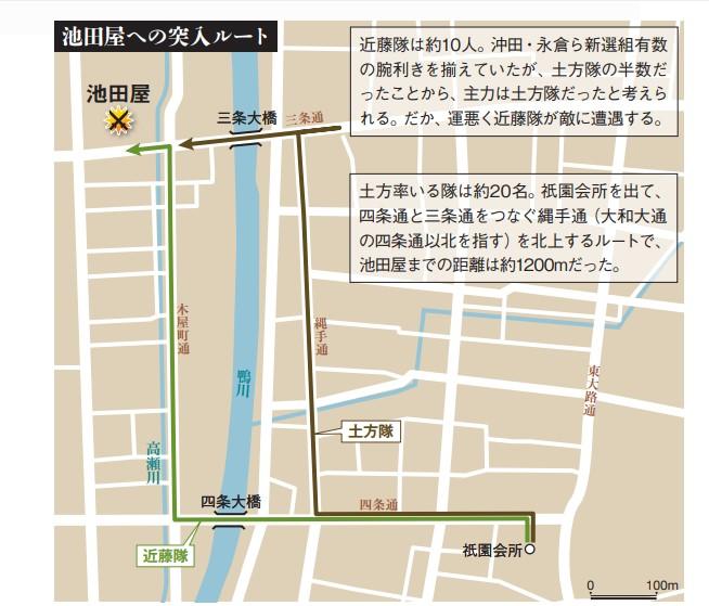 新選組は祇園会所（地図右下）で会津藩と合流する予定だったが、会津藩の到着が大幅に遅れる事態に陥る。遅れた理由は不明だが、兵の手配に時間をとられた等が考えられる。 