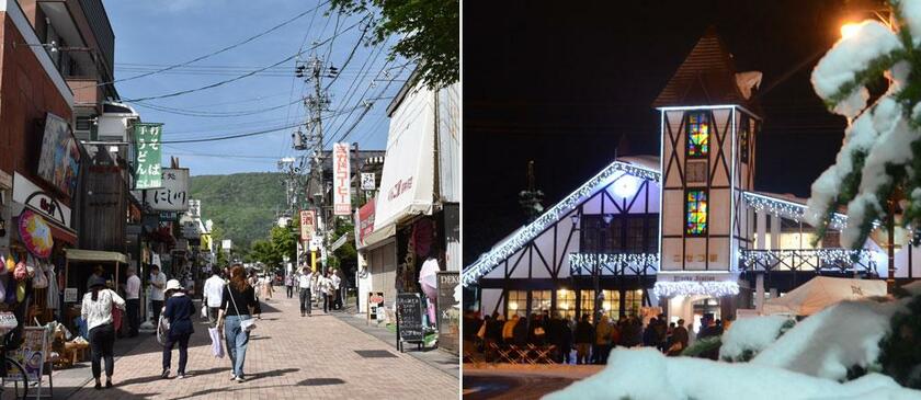 長野県軽井沢町の旧軽井沢銀座通り（左）、ＪＲニセコ駅のイルミネーション　（ｃ）朝日新聞社