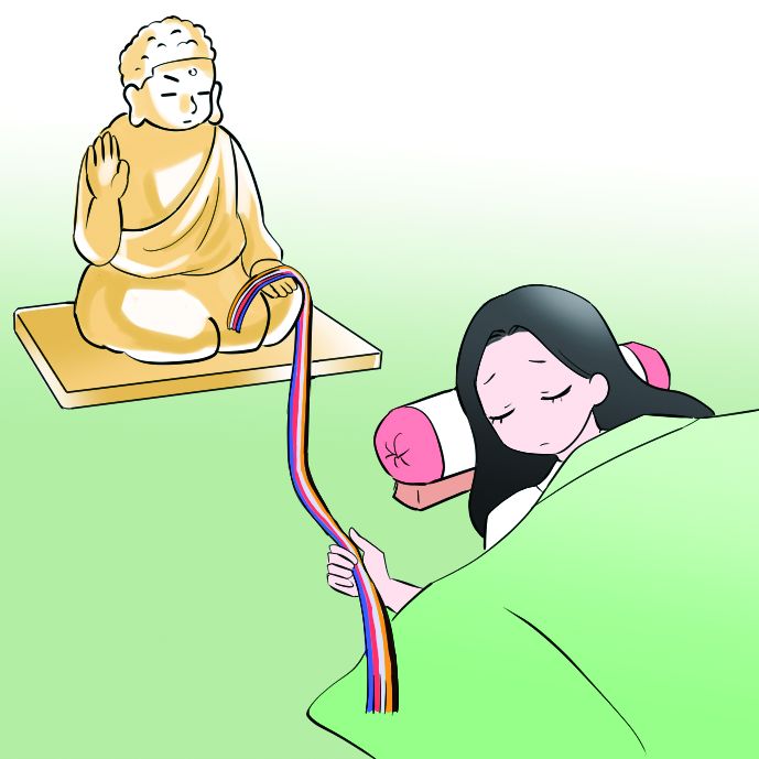 青、黄、赤、白、黒は、仏教における「五色」。こんなふうに手と手を結んで往生を願った