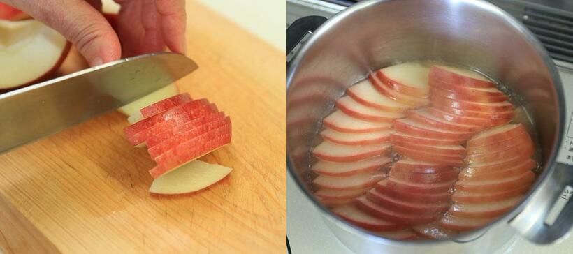 【ワンポイントアドバイス】リンゴは切った形を崩さずそのまま鍋に入れると、あとで盛り付けやすい。（左）リンゴに透明感が出たら、鍋をゆすってリンゴの上面にもシロップをなじませる。　（撮影／写真部・松永卓也）