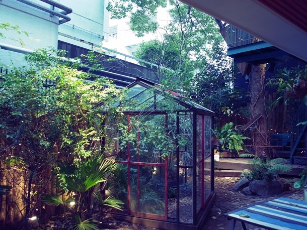 アーバンガーデニングを具現化したビオトープの中庭。奥にあるツリーハウスが印象的