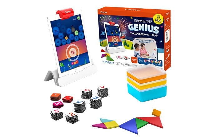 Osmo(オズモ) ジーニアス スターターキットOsmoの看板商品。ゲームピースを使って、五つのゲーム(算数・英単語・理科・お絵かき・パズル)ができる。●対象年齢:3~12歳 ●価格:12,980円(税込)