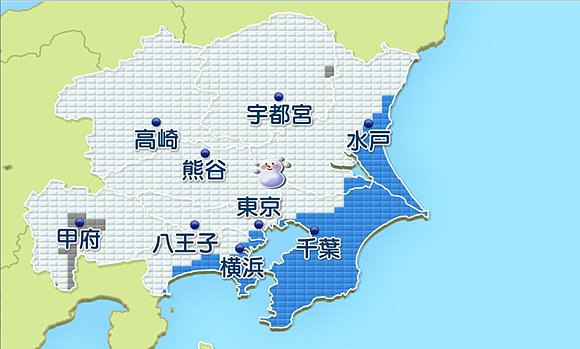 関東の分布予想（５日午後９時）白色が雪、青色は雨