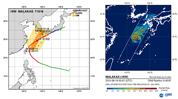 (左)図４ 台風第16号経路図とDPRの走査面　(右)図５ DPR地表面降水量（2016年9月19日9時）