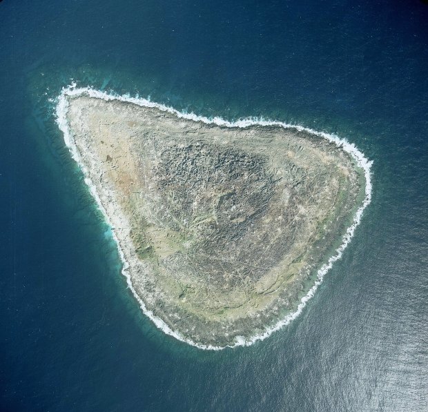 かつては2000人が暮らしリン鉱石の採掘をしていた沖大東島（ラサ島）。米軍の射爆場となった今は人一人住んでいない。（写真出典：国土地理院）