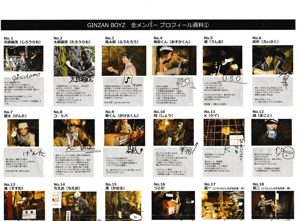 生野銀山の入り口で渡された「GINZAN BOYZ」のプロフィール。メンバーはイケメンぞろいだ