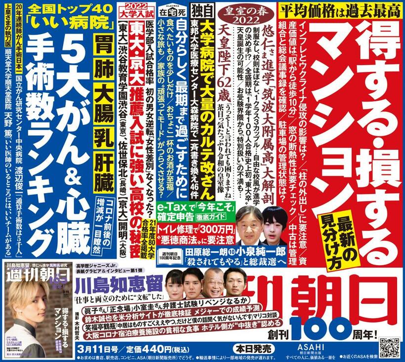 週刊朝日３／１１号　表紙は川島如恵留さん※アマゾンで好評発売中