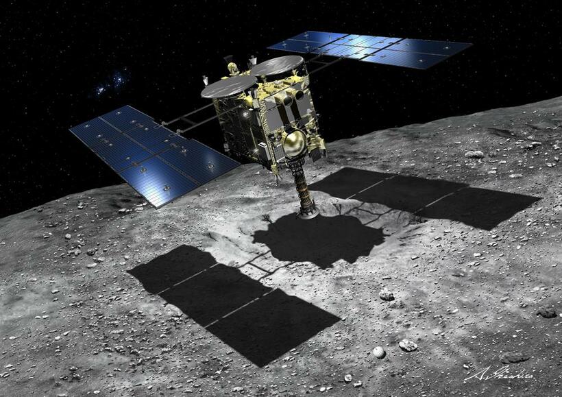 小惑星表面に人工的に作ったクレーターに、ピンポイント着陸するはやぶさ２のイメージ図（写真：ＪＡＸＡ／池下章裕氏提供）