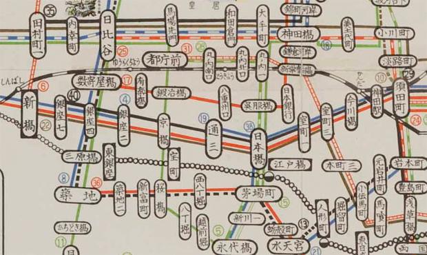 昭和40年3月の路線図。京橋界隈（資料提供／東京都交通局）
