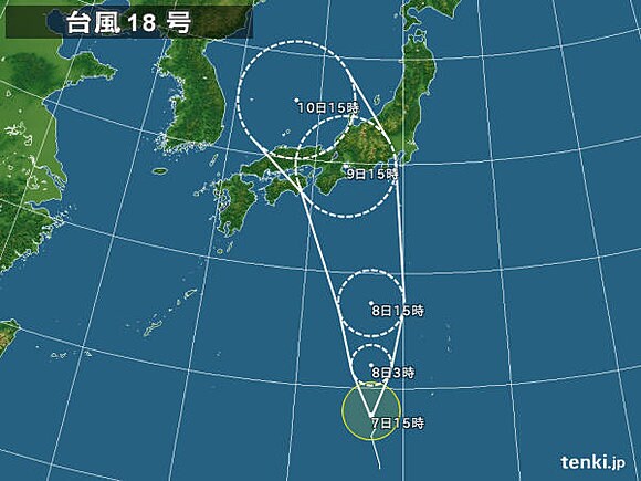 台風１８号の予想進路（クリックすると最新の予想進路が見られます）