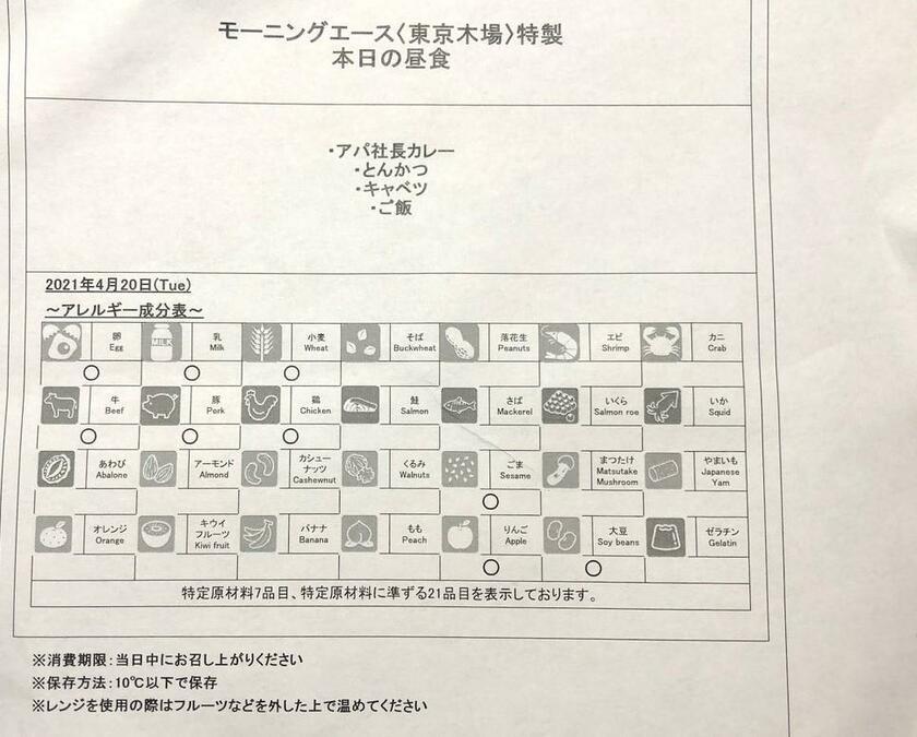 アパホテルが療養者に配った献立表（提供）