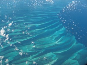 今春、ベネズエラ・カラカスからアトランタへ向かう機内から撮ったカリブ海。白く点在するのは雲。海底や海溝など色の違いで地形がわかるほど透明度が高い