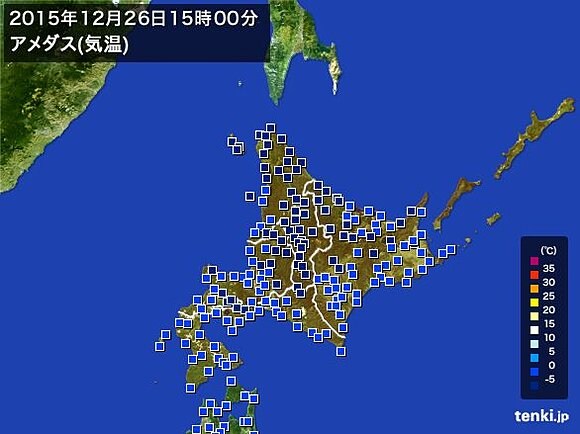 ２６日午後３時の北海道の気温の様子　日中も広く氷点下になった