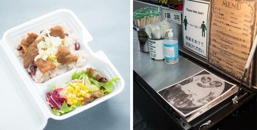 揚げ豚肉の伝統料理「グリオランチ」７００円／カウンターには夫の子ども時代の写真（撮影／写真部・張溢文）