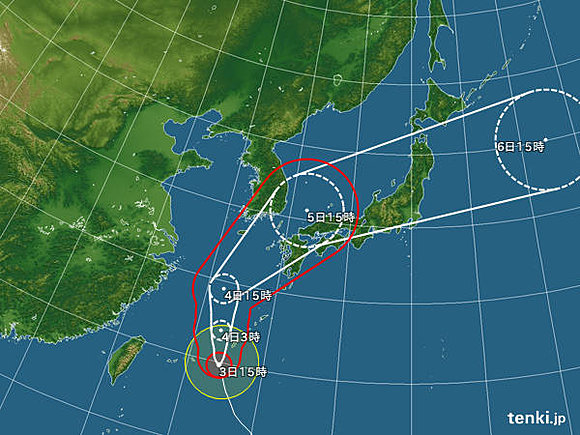 台風18号の予想進路図（3日午後3時50分現在）